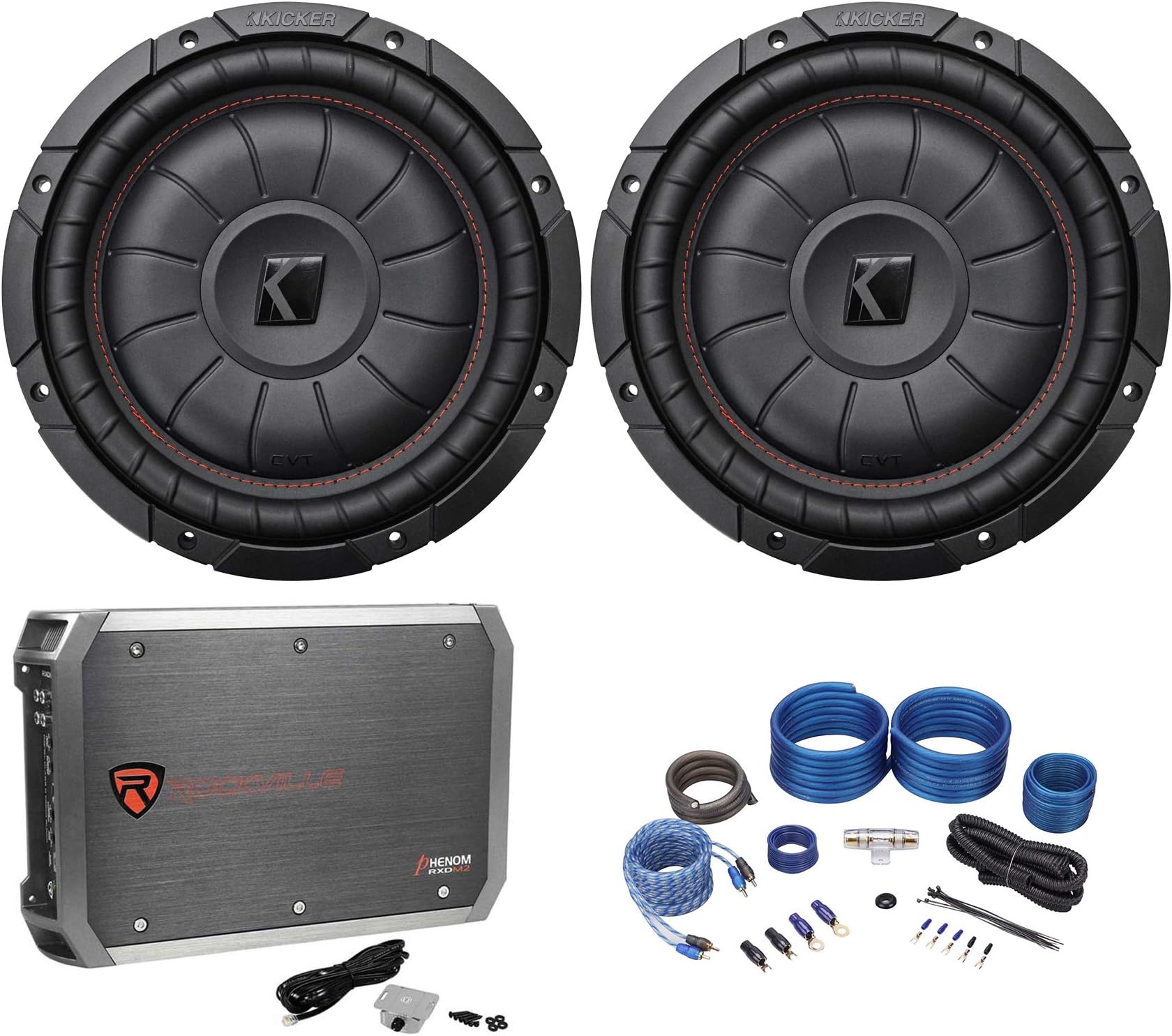 KICKER2 43CVT102 COMPVT 10" 1600w Shallow Car Subwoofers+Mono Amplifier+Amp Kit
