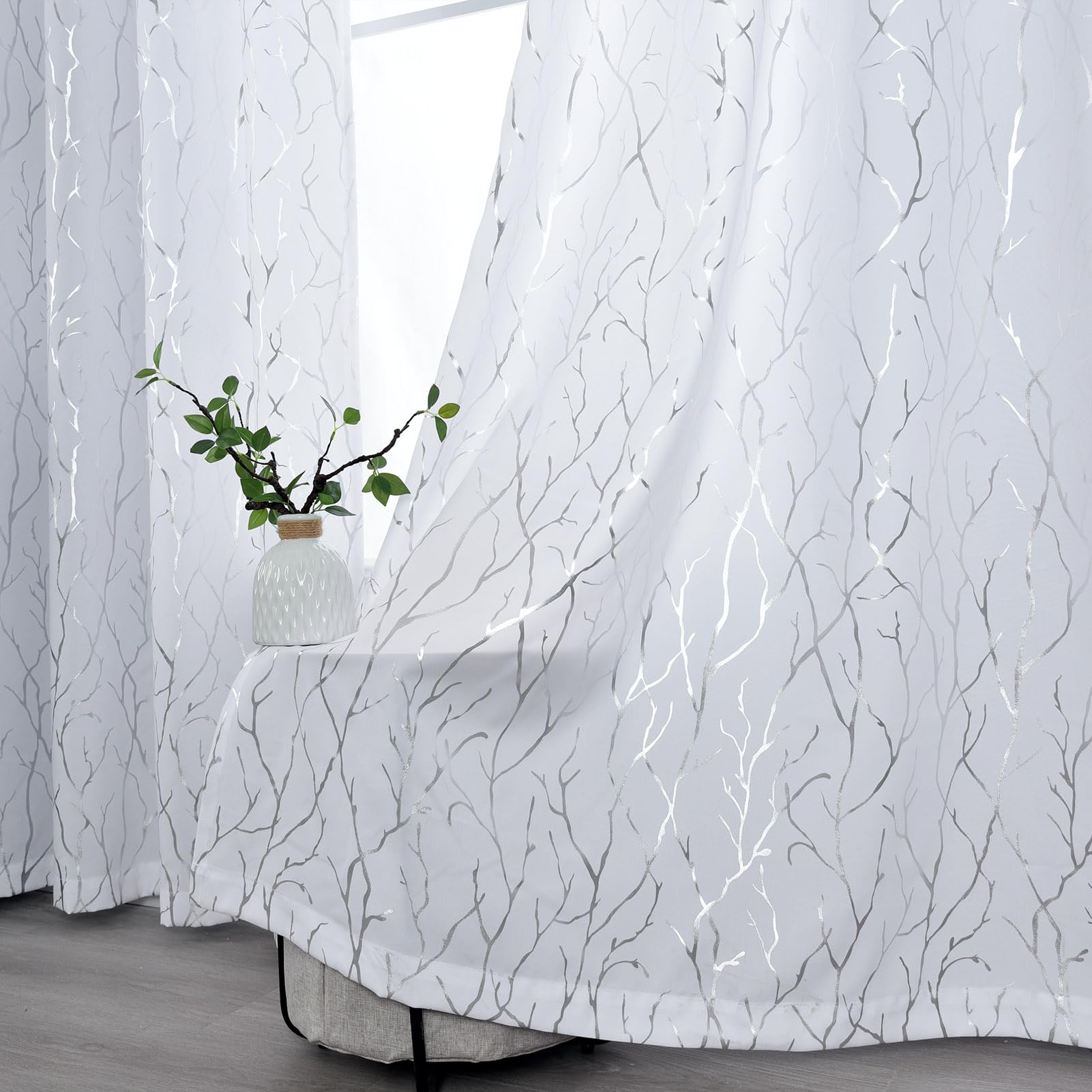 Kotile Silver Tree Branch Curtains 63 Inch Length, Metallic Shimmer White Curtains for Bedroom, Grommet Top Privacy Semi-Sheer, 52 x 63 Inch, 2 Panels — image 1