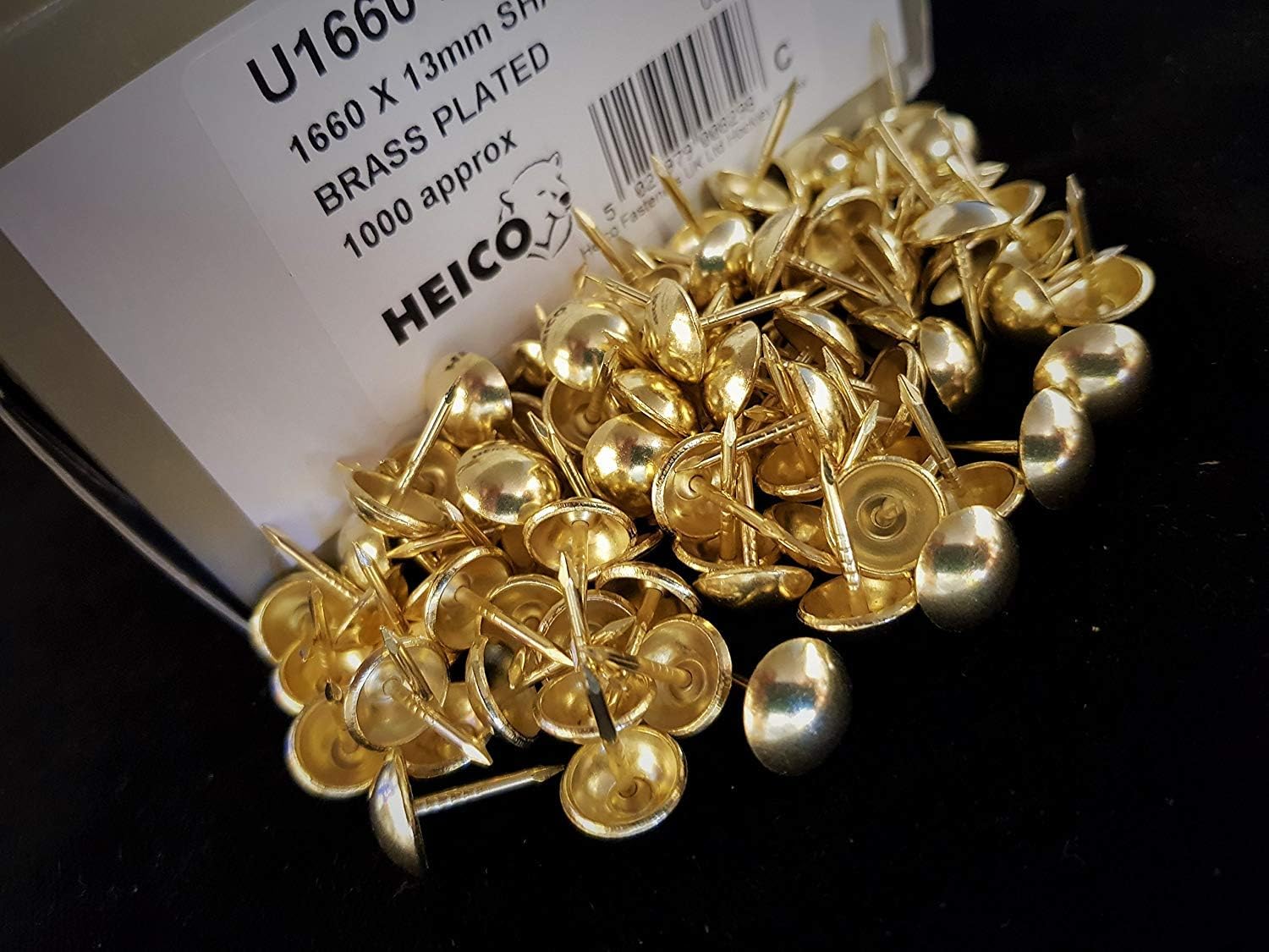 1000 brass plated upholstery nails GENUINE HEICO IN BRANDED BOX 1 cm diameter decorative furniture studs - Image 3
