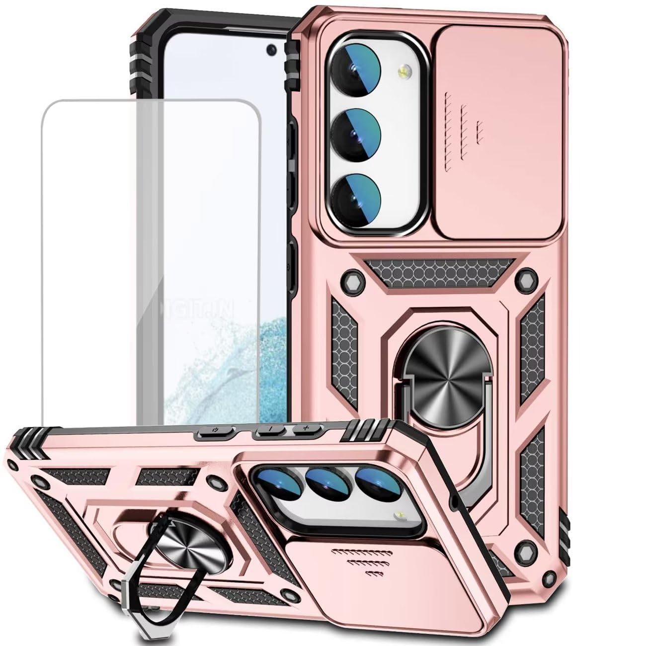 Photo 1 of Yodueiv for Galaxy S23 Case, Samsung S23 SM-S911U Case with Tempered Glass Screen Protector and Slide Camera Cover, Magnetic Ring Car Mount Holder Protective Cover for Samsung Galaxy S23 5G Rose Gold