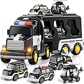 JUKUDAHU Police Truck Toy for 3 4 5 6 Years Old Boys - Carrier Vehicle Toy Set with 3 Small Cars and 1 Helicopter, Kids Firction Powered Car for Age 3-9, Gifts for Boys and Girls