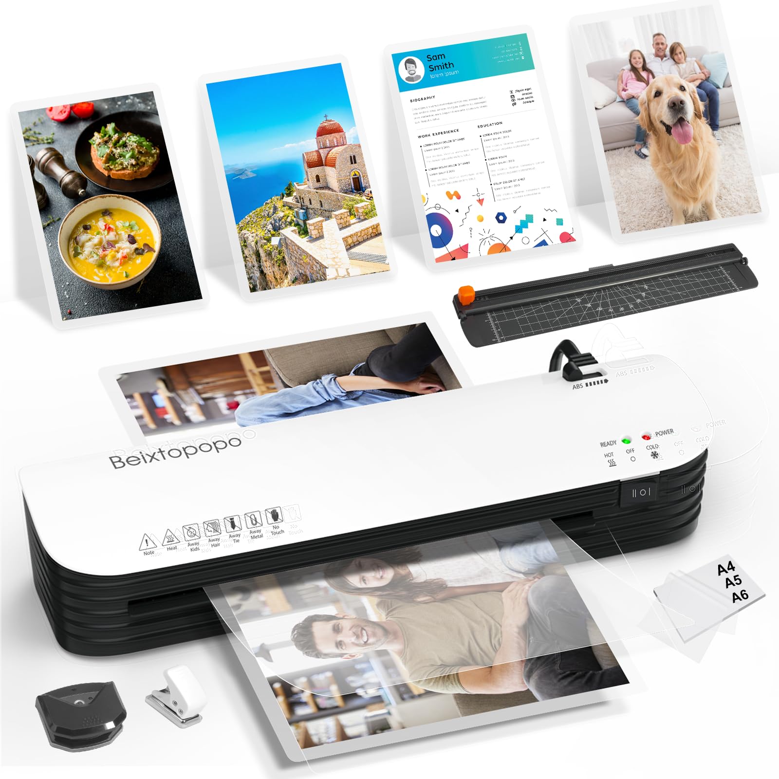 Laminator Machine, 9 Inch Thermal Laminater, Beixtopopo A4/A5/A6 Personal Laminator Machine with Laminating Sheets, 6 in 1 Heating Laminate Machine for Home School Office, Silent Image