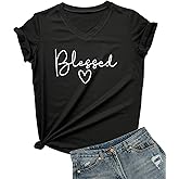 DANVOUY Womens V-Neck Cute Blessed T-Shirt Funny Heart Graphic T Shirt Short Sleeve Tops