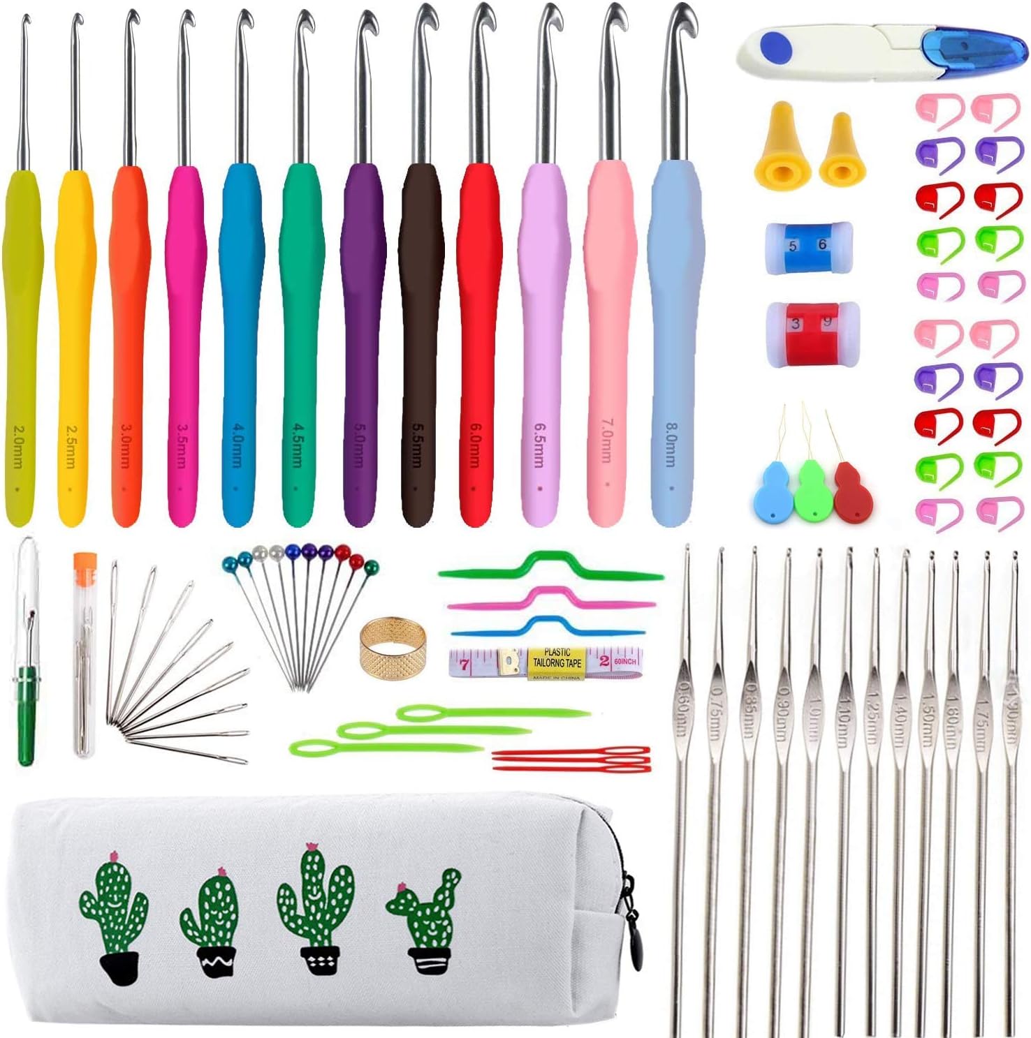 SUOXU Crochet Hook Set,Ergonomic Silicone Soft Grip Knitting Needle kit,85 Pieces of Tools in One-Stop Knitting,Lace Crochet Knitting and Crochet Accessories for Arthritic Hands Gift for Women