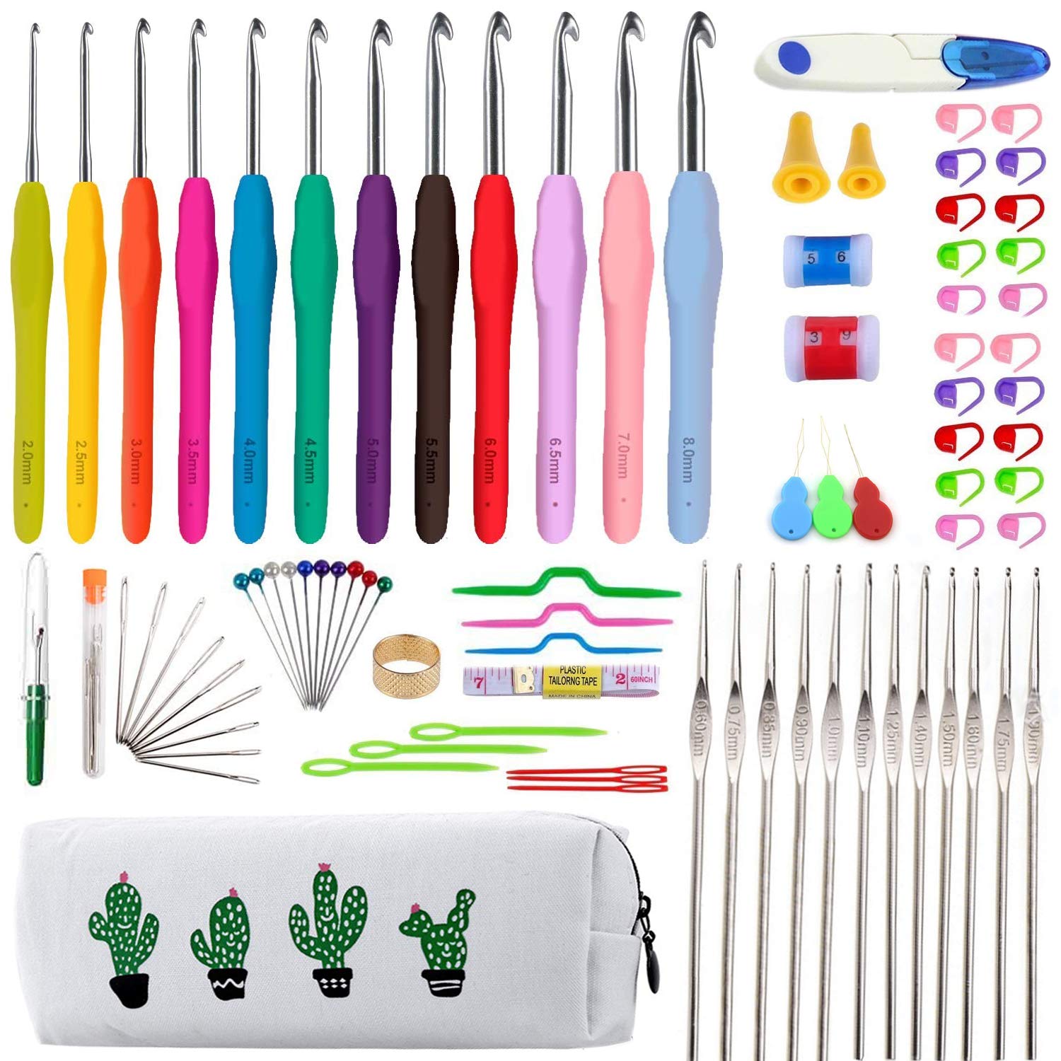 SUOXU Crochet Hook Set,Ergonomic Silicone Soft Grip Knitting Needle kit,85 Pieces of Tools in One-Stop Knitting,Lace Crochet Knitting and Crochet Accessories for Arthritic Hands Gift for Women