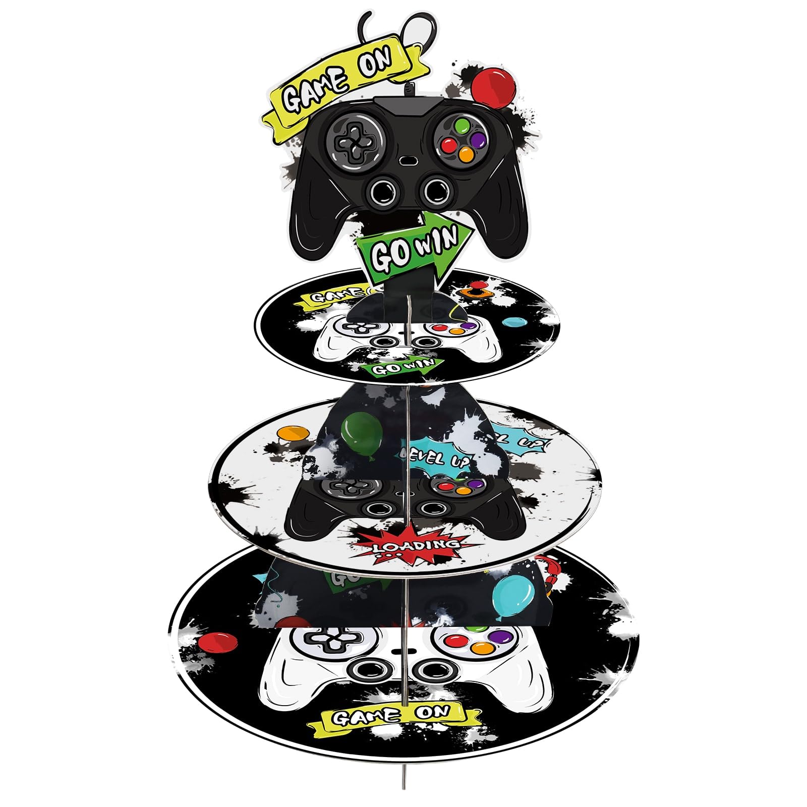 WERNNSAI Video Game Cupcake Stand - 3-Tier Gamer Birthday Party Decorations for Kids Boys Cardboard Cupcake Stand Holder Round Serving Tray Stand Dessert Tower Gaming Party Cake Decors Party Supplies