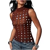 SOLY HUX Women's Y2k Punk Mesh Tank Tops Studded Sheer Mock Neck Sleeveless Club Rave Going Out Top