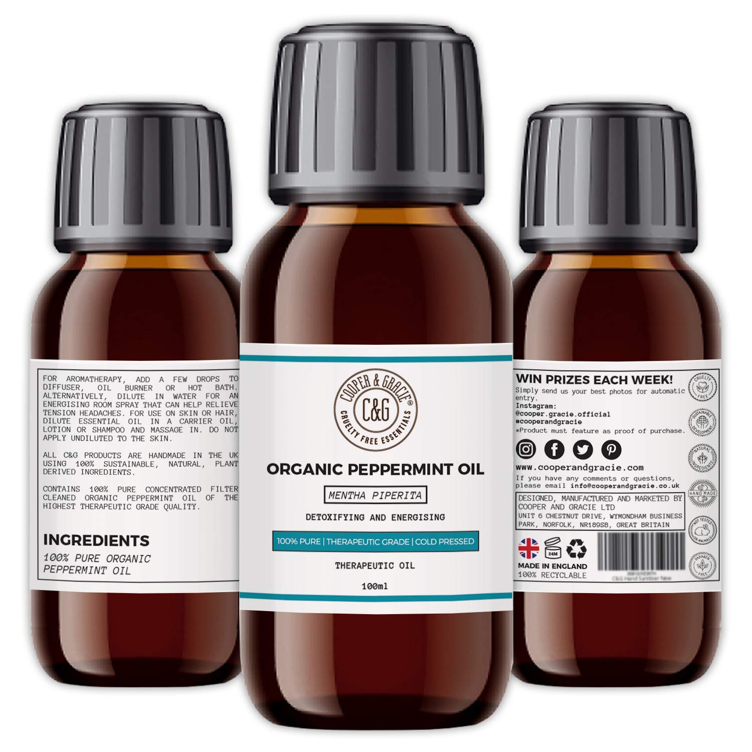 C&G Essentials | 100% Pure Organic Peppermint Oil for Diffuser 100ml | Peppermint Essential Oils for Detoxifying & Energising | Therapeutic Grade & Cold Pressed | Better Than Mint Oil