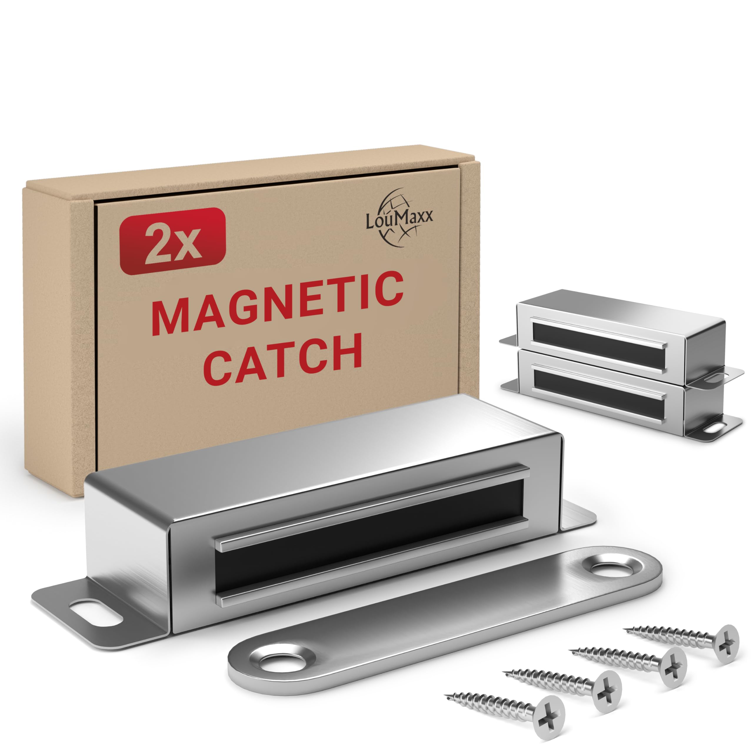 LouMaxx Magnetic Door Catch Extra Strong – Holding Force 15kg – Set of 2 in Stainless Steel – Cabinet Magnets - Door Magnet - Door Magnetic Catch - Magnetic Cabinet Latch - Magnetic Door Latch — image 1