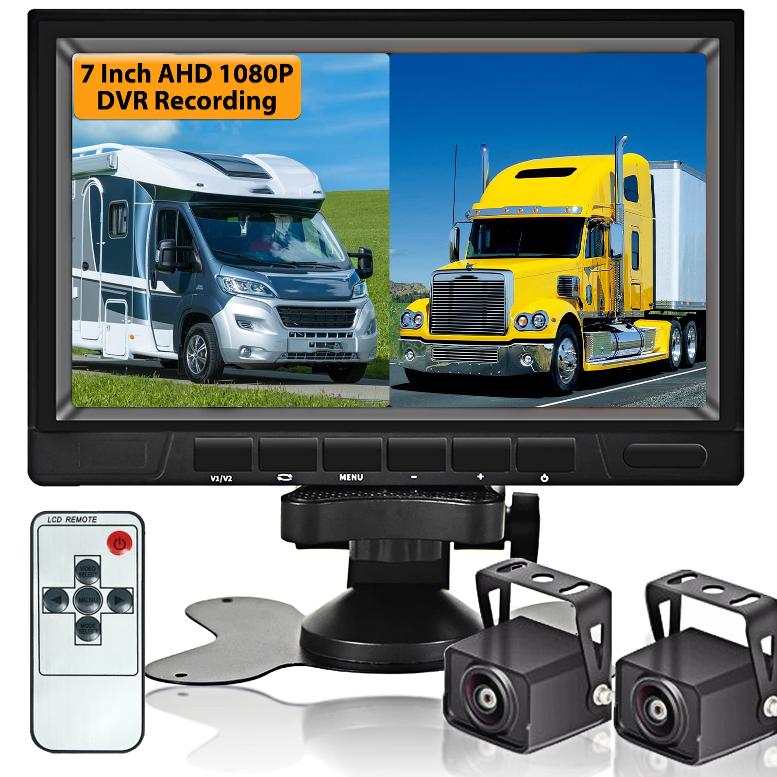 Photo 1 of AHD Dual Backup Camera with 7'' 1080P DVR Monitor, Front and Rear View Camera Waterproof Night Vision Reversing Camera for Truck Pick Up RV Camper Bus 12V-36V
