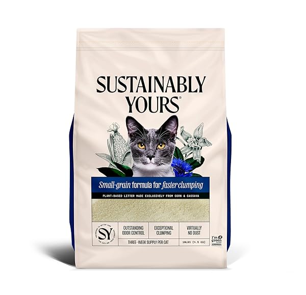 SUSTAINABLY YOURS NATURAL CAT LITTER, SMALL-GRAIN FORMULA, EXCEPTIONAL CLUMPING & ODOR CONTROL, VIRTUALLY NO DUST, SOFT ON PAWS, CORN & CASSAVA PLANT-BASED, UNSCENTED, 10 LBS