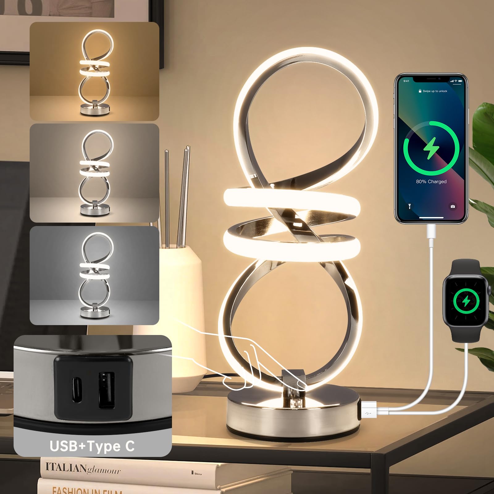 EIDISUNY Modern LED Table Lamp,3 Color Temperatures,Touch Control Stepless Dimmable Bedside Table Lamp with USB Ports, Touch Control LED Nightstand Lamp, Desk Lamp for Living Room,Bedroom(Silver)