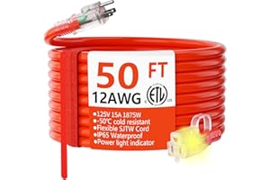 HUANCHAIN 12/3 Gauge Heavy Duty Outdoor Extension Cord 50 ft Waterproof with Lighted end, Flexible Cold-Resistant 3 Prong Ele