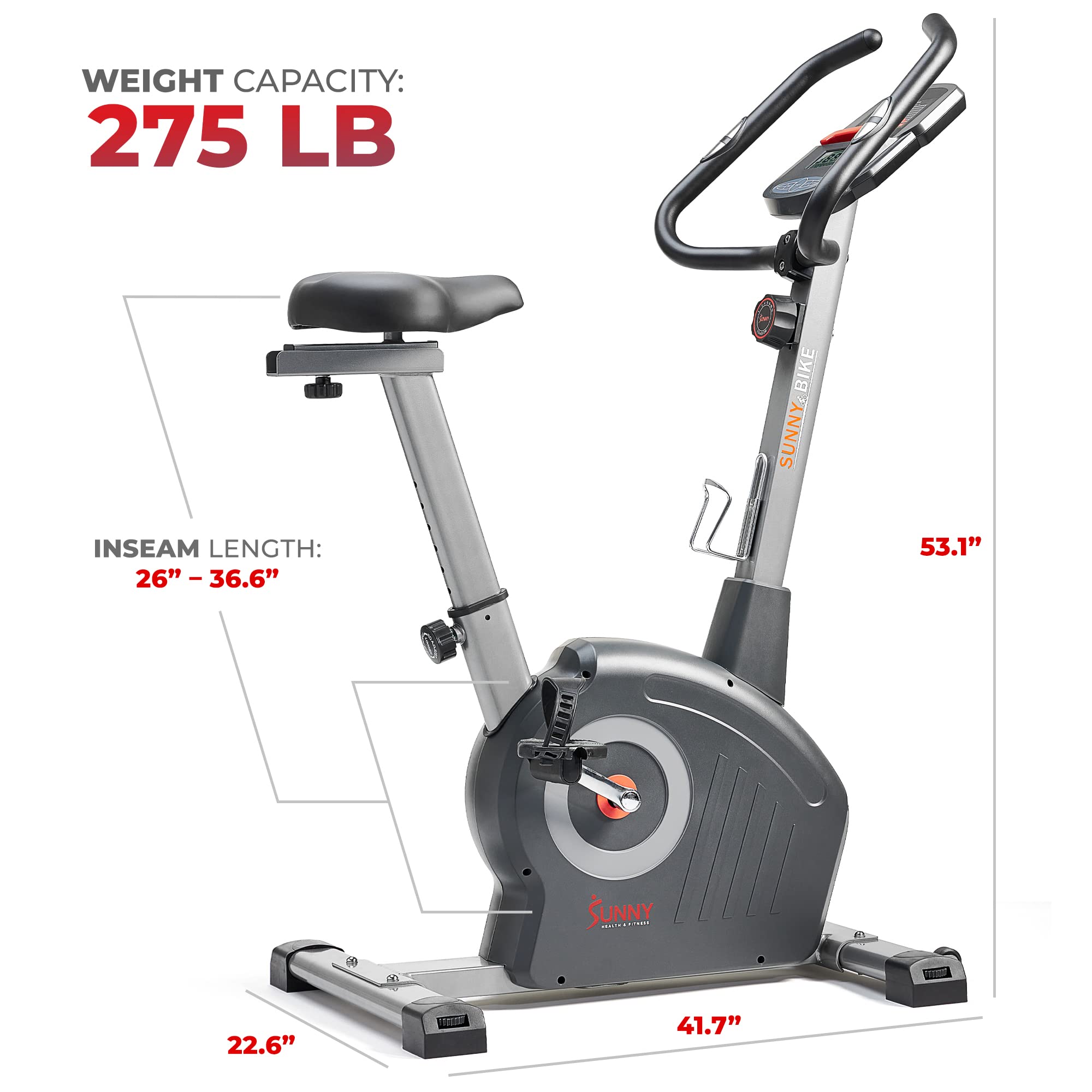 Sunny Health & Fitness Smart Stationary Exercise Upright Bike w/Pulse Sensor & 4-Way Adjustable Seat, Cycling Machine for Home Cardio Training, Free SunnyFit App Connection, Optional Resistance Band