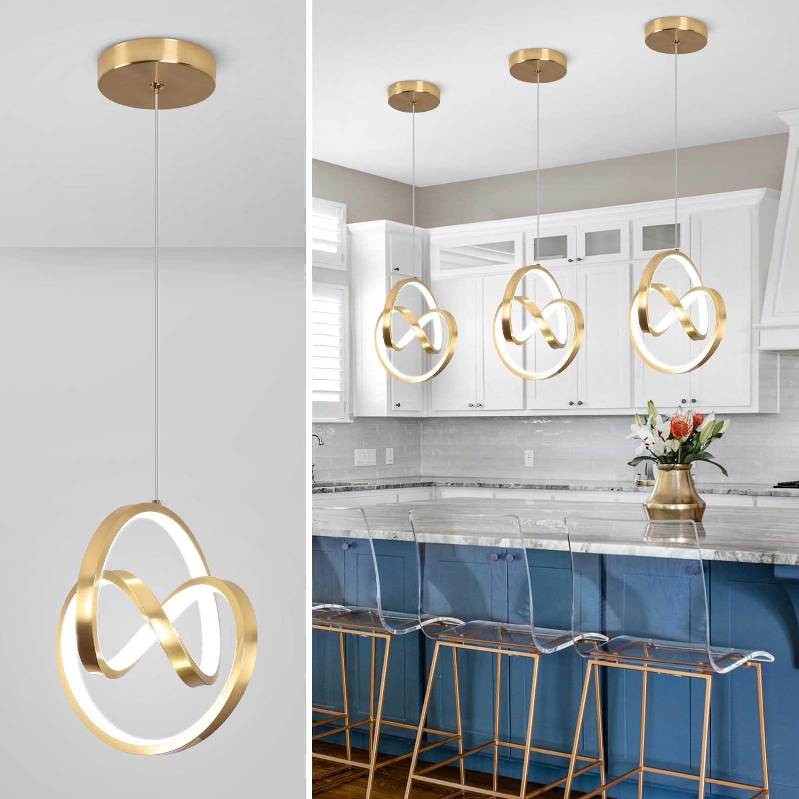 Photo 1 of Sovinzert Modern LED Pendant Lights Kitchen Island, 6000K LED Chandelier Adjustable Height Gold Hanging Light Fixture Island Lights for Kitchen Dining Room Cafe Table, 1Pack