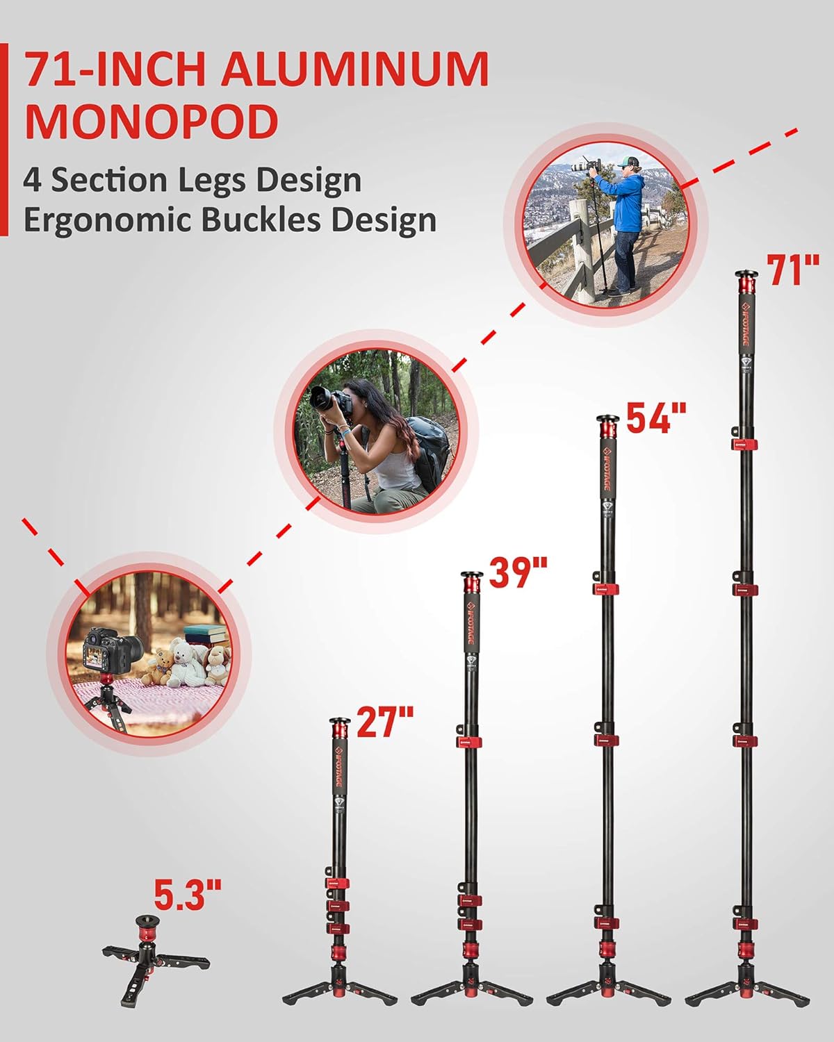 IFOOTAGE Video Monopod Professional 71" Aluminum Telescopic Monopods with Folding Three Feet Support Base Compatible for DSLR Camcorders : Camera & Photo