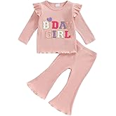Baby Birthday Girl Outfit Birthday Girl Print Ribbed Ruffle Sleeve Shirt Solid Flare Pant Leggings Fall 2pcs Clothes