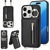 Jcxtrombulous Crossbody Wallet Case for iPhone 12 Pro Max with Lanyard Strap Card Slot Holder RFID Blocking 360°Ring Kickstand,Magnetic Flip Folio Zipper Purse Case, PU Leather Cover Handbag,Black