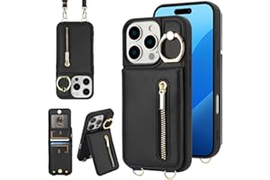 KYFSJPT Crossbody Wallet Case for iPhone 12 Pro Max, with Card Slots Zipper Pocket Case, Flip Folio Purse RFID Blocking with Ring Kickstand Detachable Strap-Black