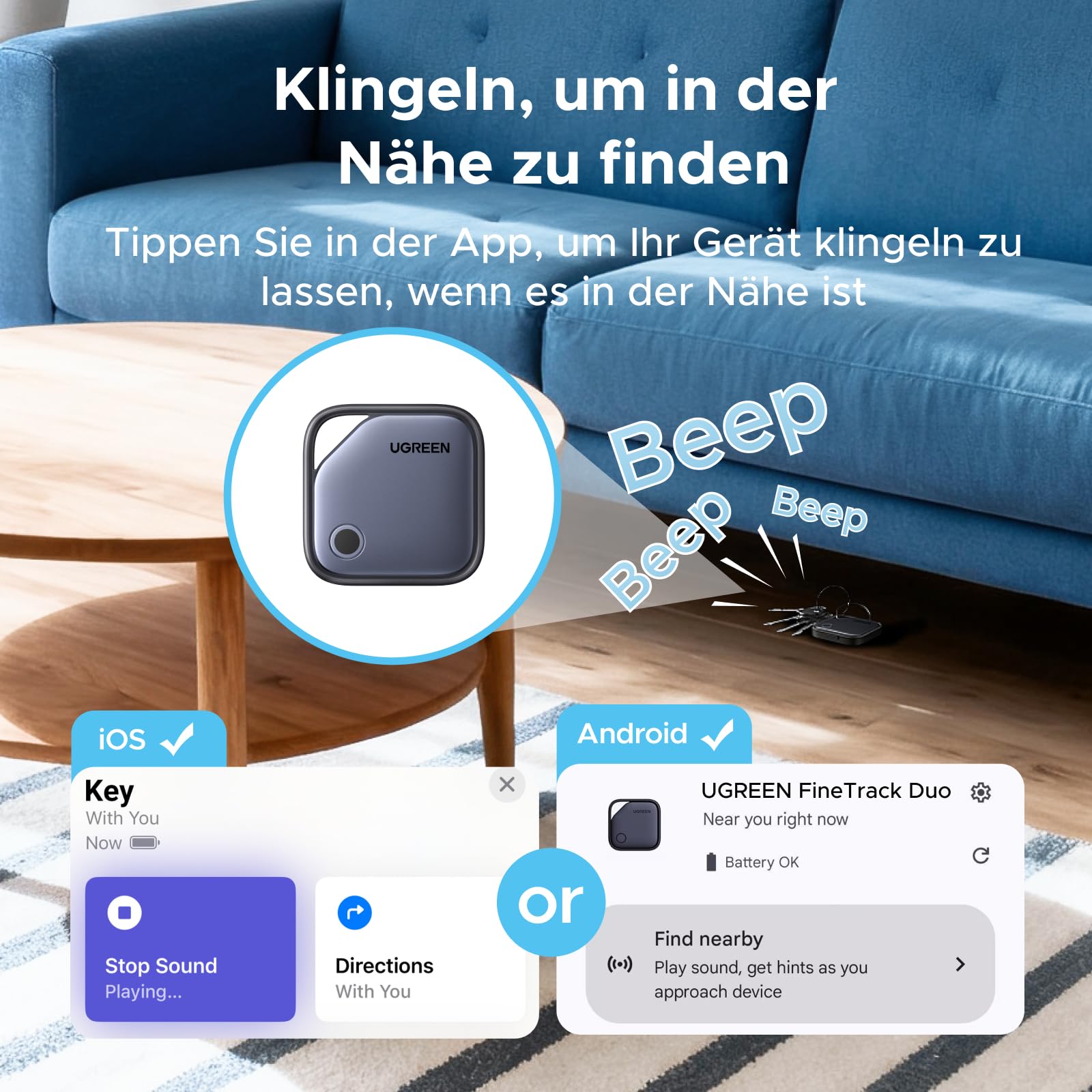 UGREEN FineTrack Duo 4 Pack für iOS & Android, USB C aufladbarer GPS Tracker kompatibel mit Apple Find My oder Google Find Hub, 12 Monaten Laufzeit, Schlüsselfinder für Backpack, Koffer, Pass usw. 4