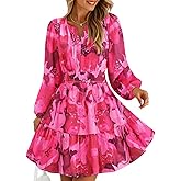 ZESICA Womens Spring Long Sleeve Floral Mini Dress 2026 Summer Boho V Neck A-Line Flowy Dresses Beach Vacation Clothes