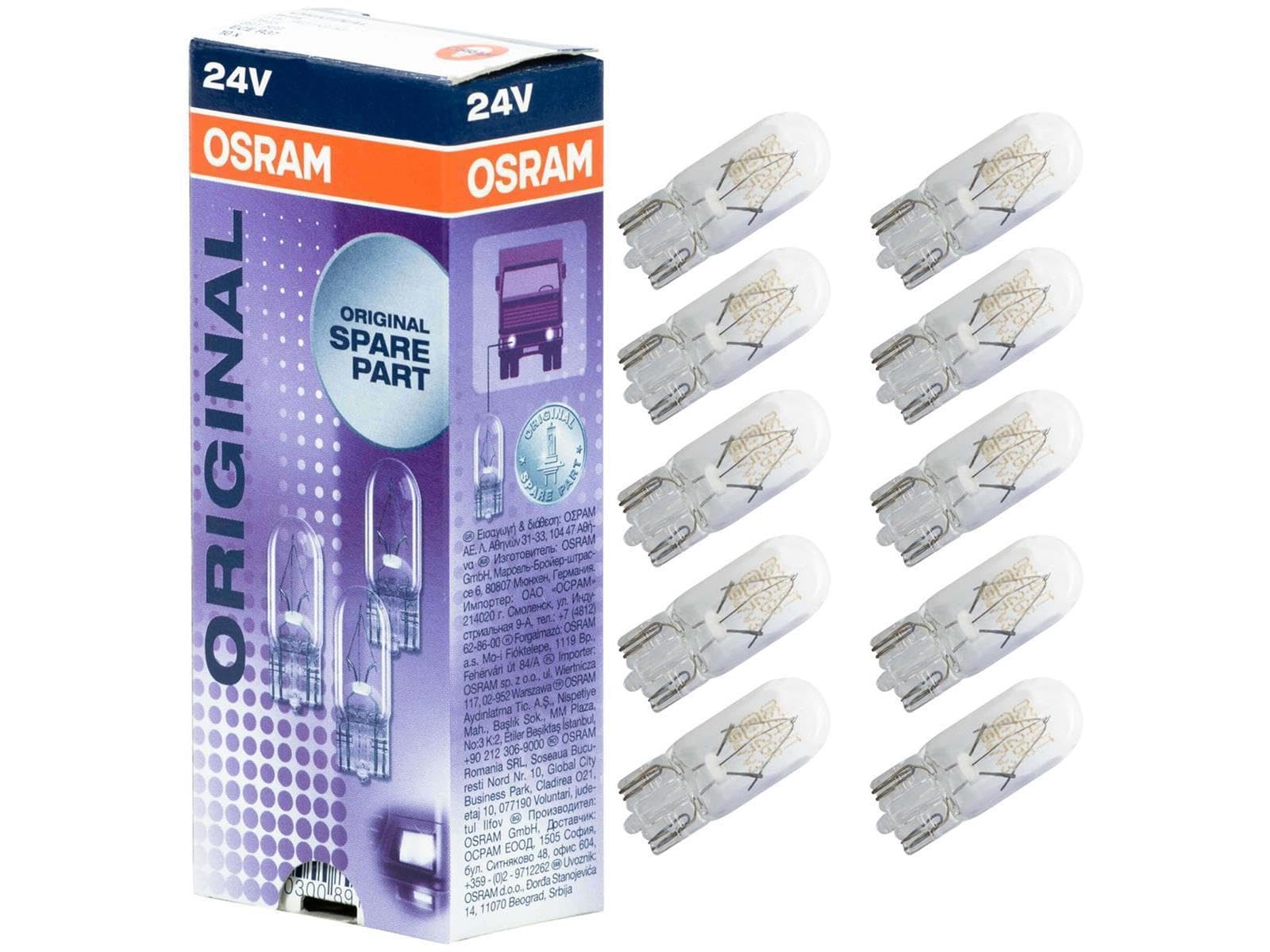 Osram 2845 Original Lamps with Glass Wedge Bases, 24 V, 5 W, Set of 10