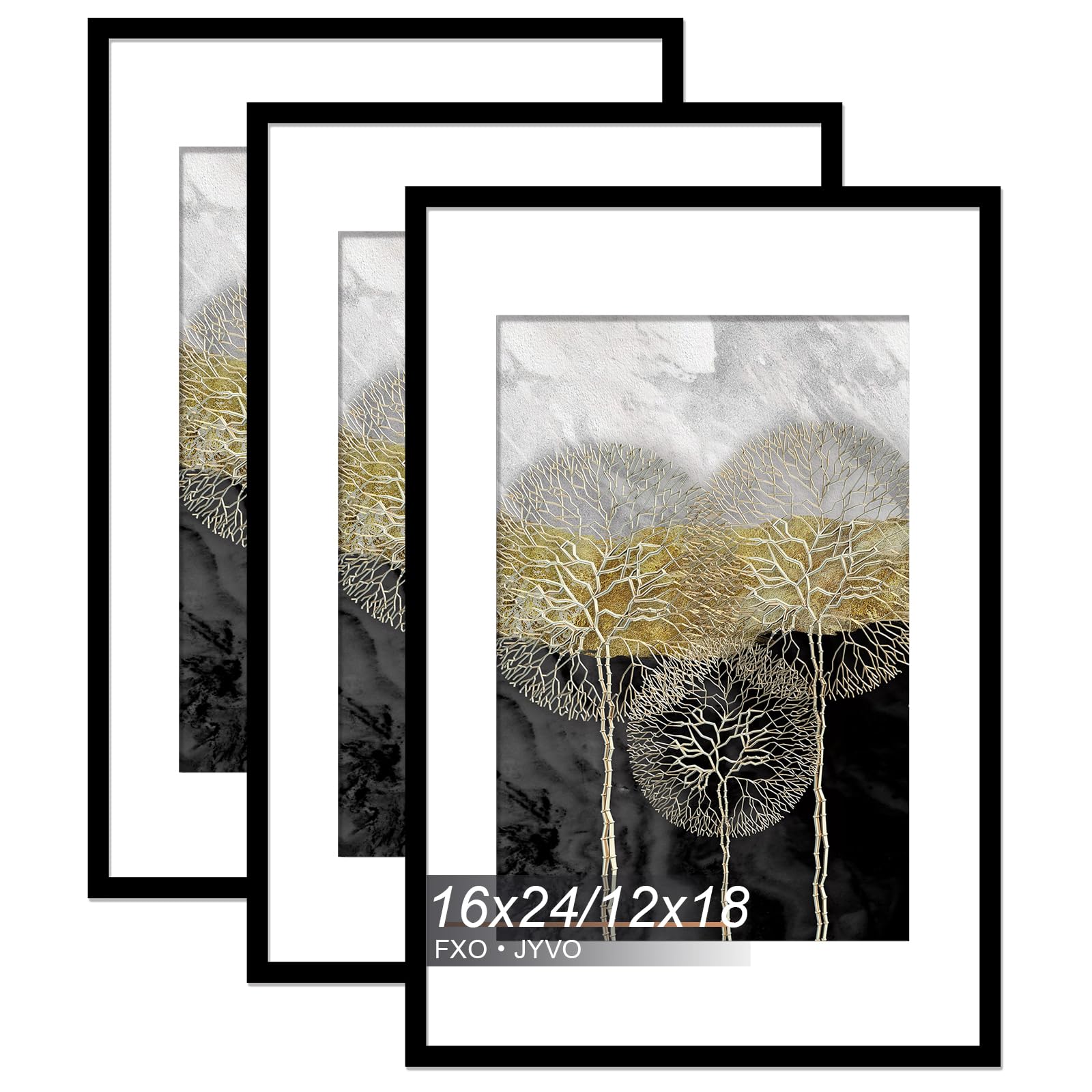 View 1 of **ONE CRACKED COVER, ONE FRAME NEEDS REPAIR**Fxojyvo 16x24 Picture Frame Set of 3, Display Poster 12x18 with Mat or 16 x 24 Without Mat, Light Weight and High Transparent 16 by 24 Frame for Wall - 3 Pack/Black/16 x24