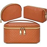 KTMOUW Makeup Bag 3 Pcs Waterproof Cosmetic Bag Set Portable Travel Cosmetic Bag Multifunction Organizer Storage Bag Weave Toiletry Bag for Women, Brown