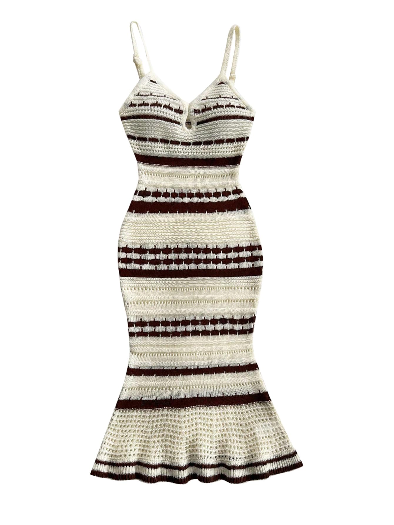 Photo 1 of (LARGE) (USED/FAIR) (BAGGED) MakeMeChic Women's Striped V Neck Sweater Dress Ruffle Hem Knit Bodycon Cami Midi Dresses Brown Large