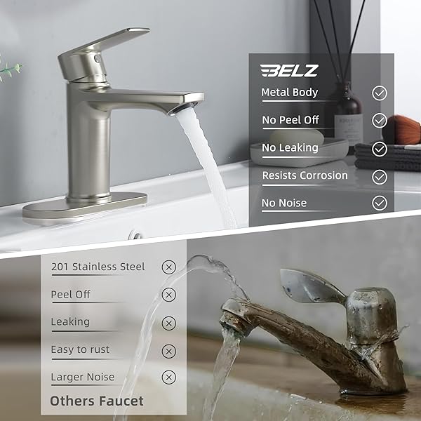 BELZ BRUSHED NICKEL BATHROOM FAUCET, MODERN SINGLE HANDLE ONE HOLE BATH VANITY SINK FAUCET WITH POP UP DRAIN AND DECK PLATE FOR 1 OR 3 HOLES