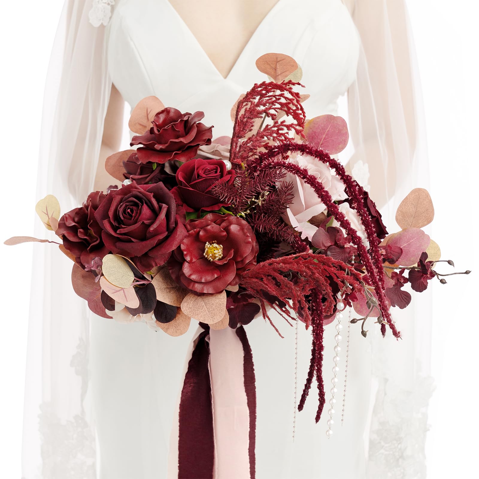 Photo 1 of Ling's Moment Red Burgundy Bridal Bouquet, Marsala Wedding Bouquets for Bride, 13 Inch Silk Bridal Bouquets Artificial Wedding Flower Bouquet