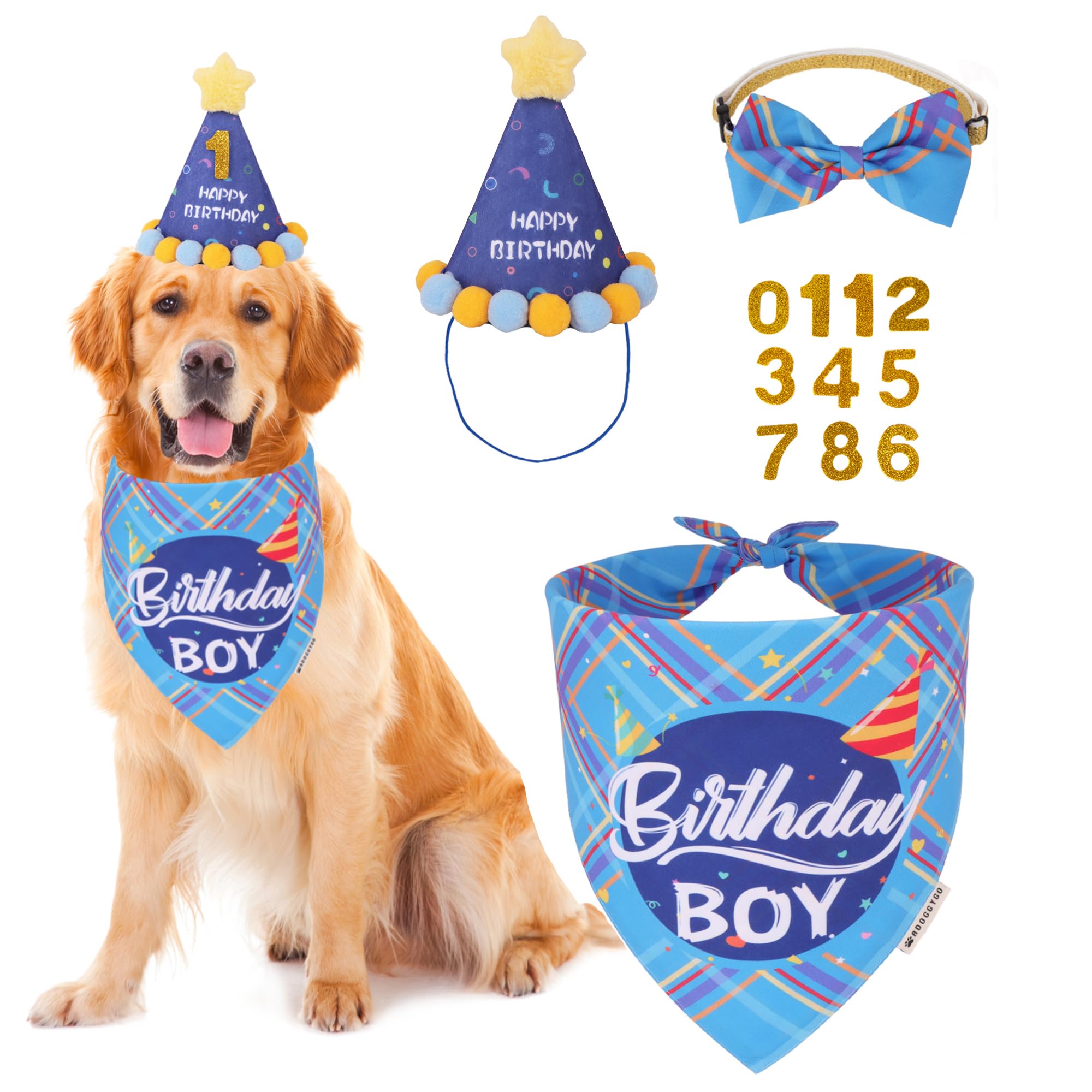Photo 1 of ADOGGYGO Dog Birthday Party Supplies, Blue Birthday Boy Bandana, Bowtie, Numbers, Party Hat for Extra Large Dogs (X-Large)