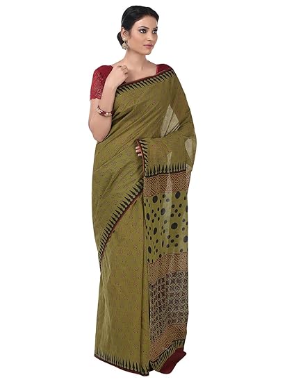 Finest Quality Cotton - Handmade Black and Green Bagh Print - Block Print Saree with Blouse Piece