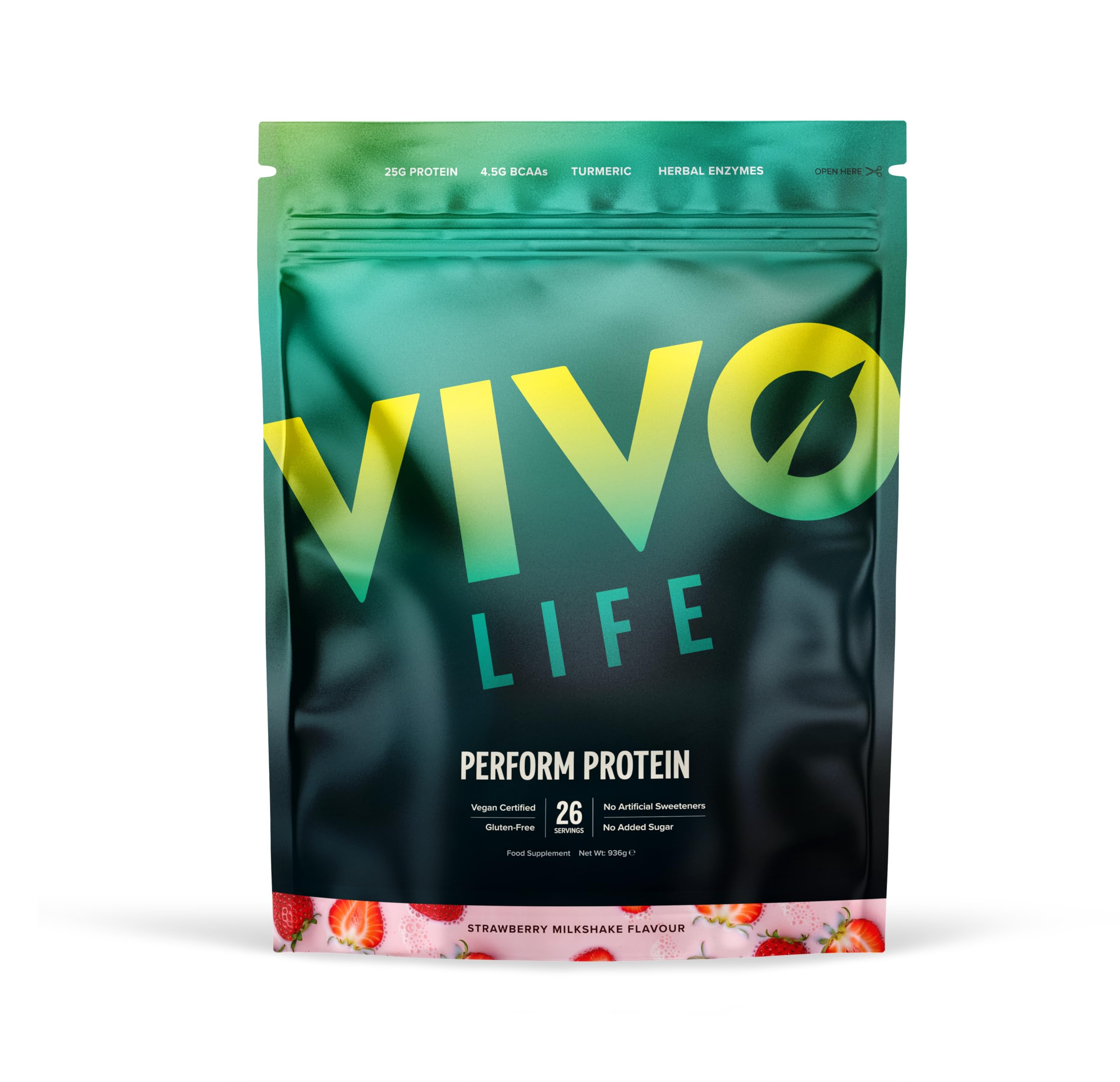 Vivo life Perform Plant Protein Powder | 25g Protein with BCAAs, Iron, Zinc, Turmeric & Herbal Enzyme Blend | Lactose Free & Easy to Digest, Plant-Based Nutrition | Strawberry Milkshake - 26 Servings