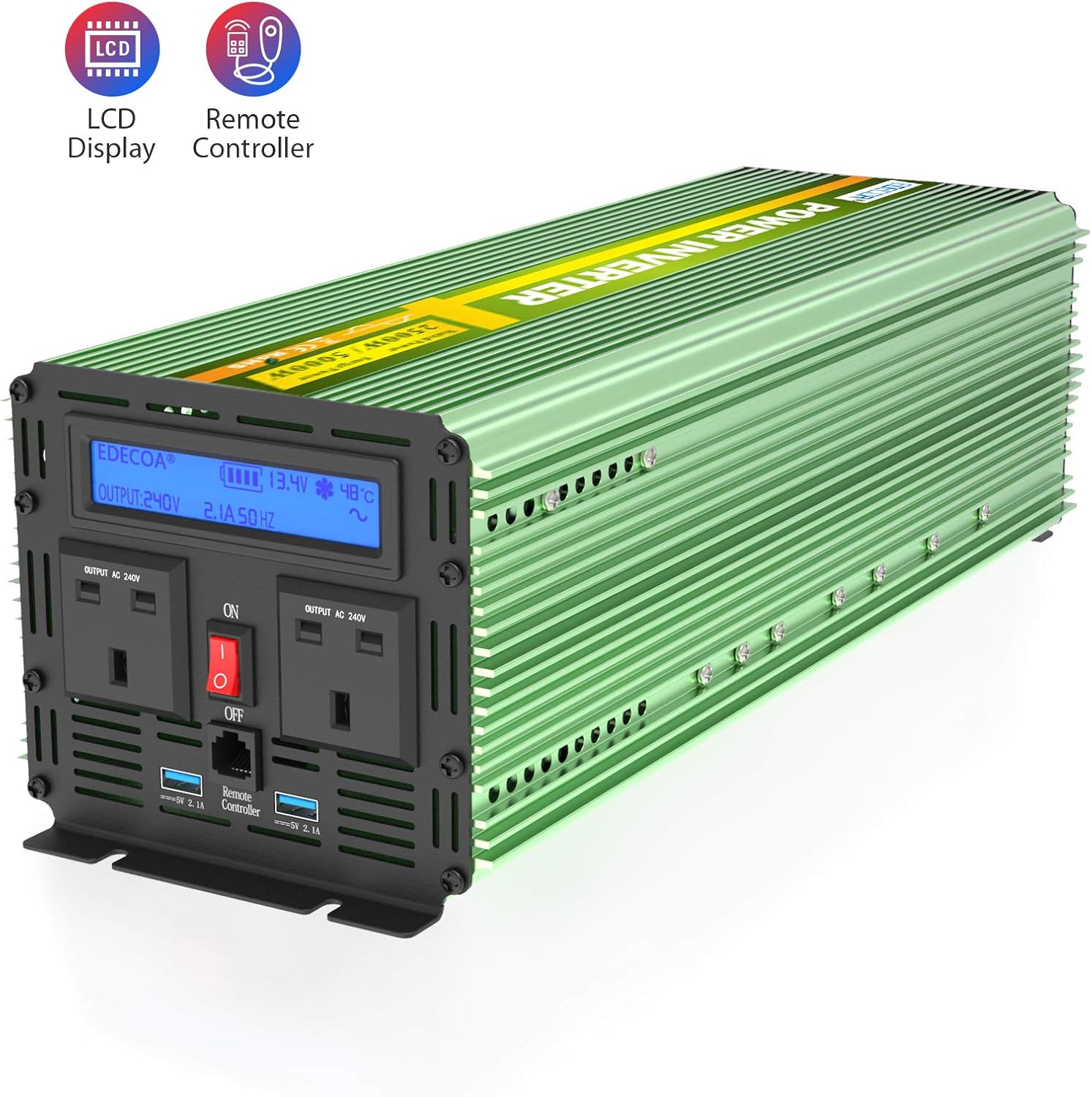 Edecoa 2500W Peak 5000W Power Inverter Pure Sine Wave DC 12V to 240V AC with 4.2A Dual USB Ports - Green, 12V/2500W - Image 3