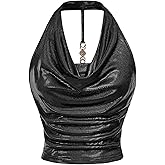 Milumia Women Metallic Halter Y2k Crop Tops Ruched Backless Cowl Neck Party Club Rave Sleeveless Shirts