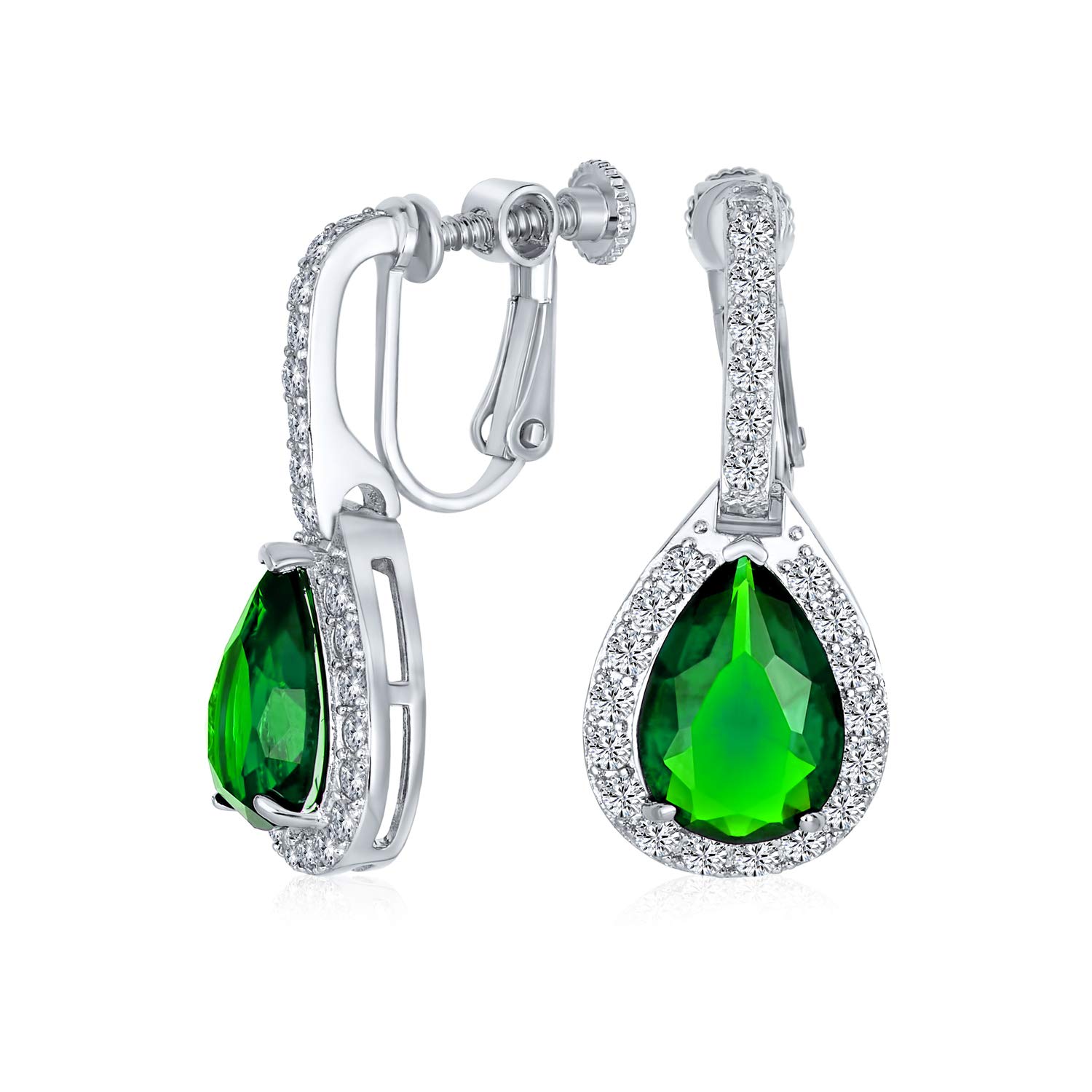 Vintage Style Halo Simulated Green Emerald Cubic Zirconia AAA CZ Fashion Dangle Drop Teardrop Screw Back Clip On Earrings For Women Prom Bridesmaid Wedding Silver Plated — image 1