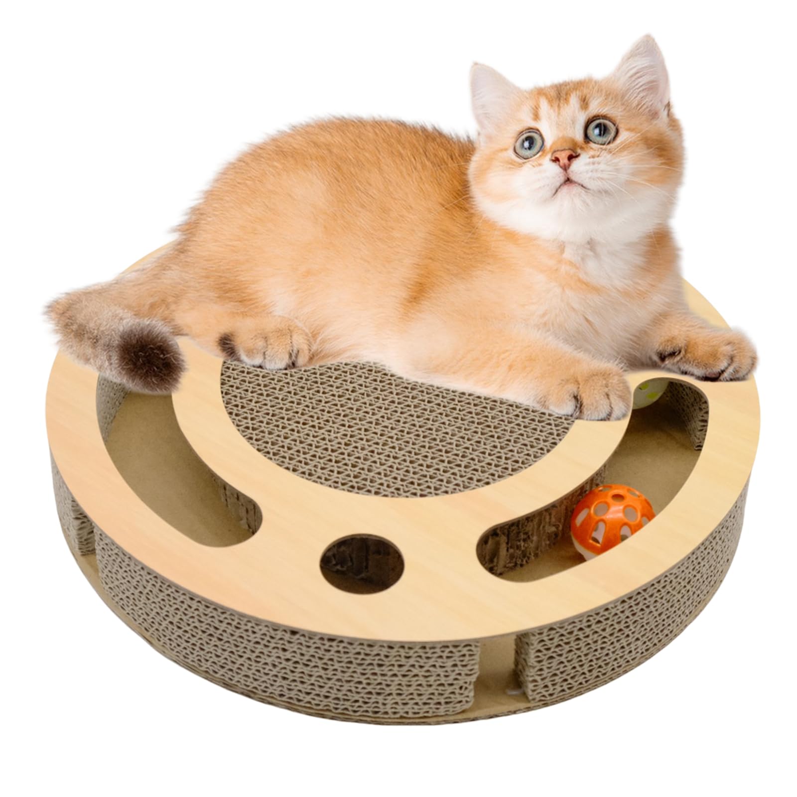 2 in 1 Cat Scratcher, Round Cat Scratching Board with Bell Balls, Cardboard Scratch Pad Bed Toy for Indoor Cats (33×33×5 cm)