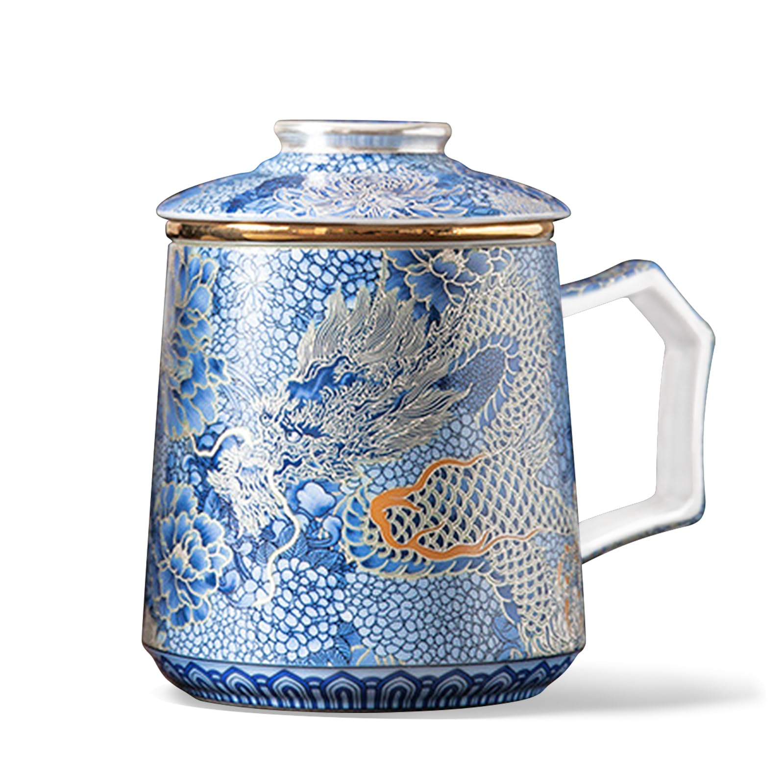 fanquare Chinese Loong Tea Cups Blue Porcelain Teacup with Infuser and Lid Large Traditional Ceramic Coffee Mug with Handle