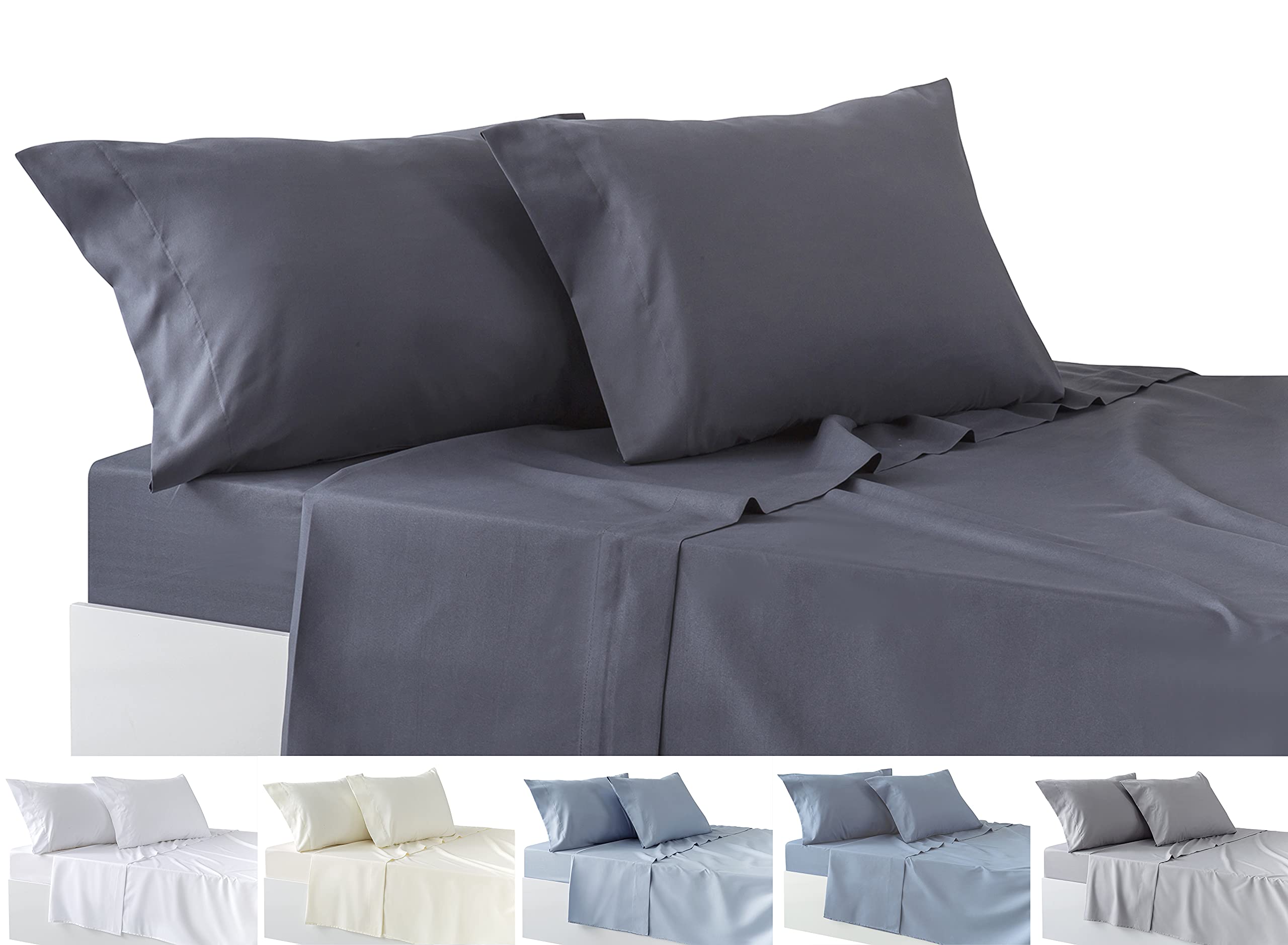 Todocama 4-Piece Bedding Set – Fitted Sheet – Top Sheet – Two Pillowcases 50 x 80 cm (Bed 200-200 x 190/200 cm, Dark Grey)