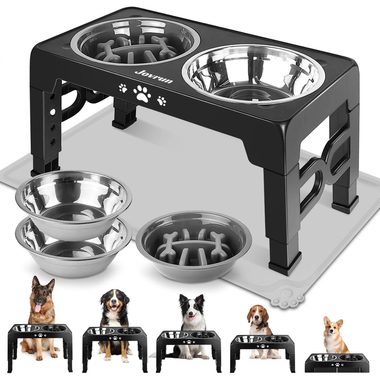 Photo 1 of Jovrun Elevated Dog Bowls, Dog Feeder with 2 Stainless Steel Dishes &1 Slow Feeder Bowl, 5 Heights Adjustable Raised Stand for Medium Large, Food Dishes with Non-Slip Feet
