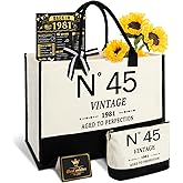 YeohJoy 45th Birthday Gifts for Women Canvas Tote Bag Travel Gear,Unique 45 Years Old Gifts for Wife Mom Sister Aunt Friends Her, Vintage N°45 Handbag & Cosmetic Bag & Back in 1981 Poster