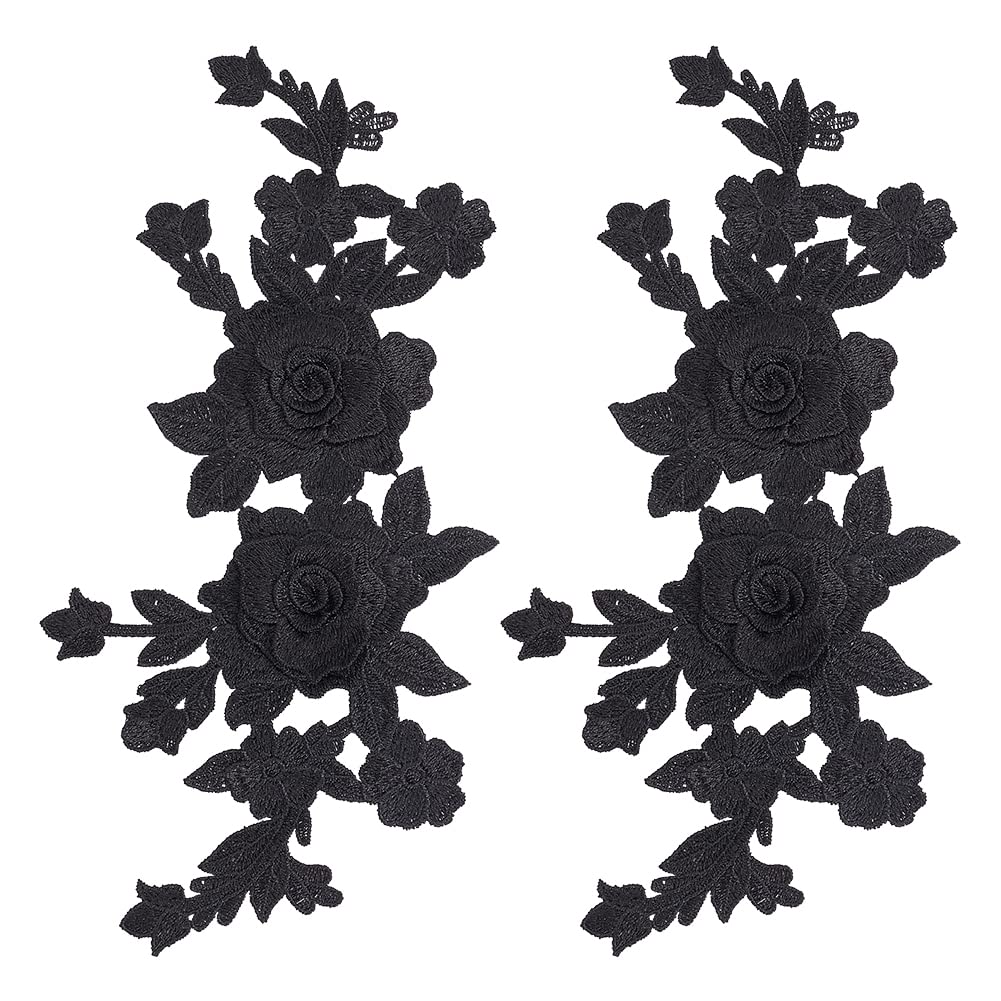 GORGECRAFT 2PCS Black Embroidered Floral Appliques Boho Love Vintage Large Rose Sew on Patches Retro Flower Pair Polyester Ornament for Wedding Dress Hat Bag Jeans Shoes Clothes Crafts Accessories