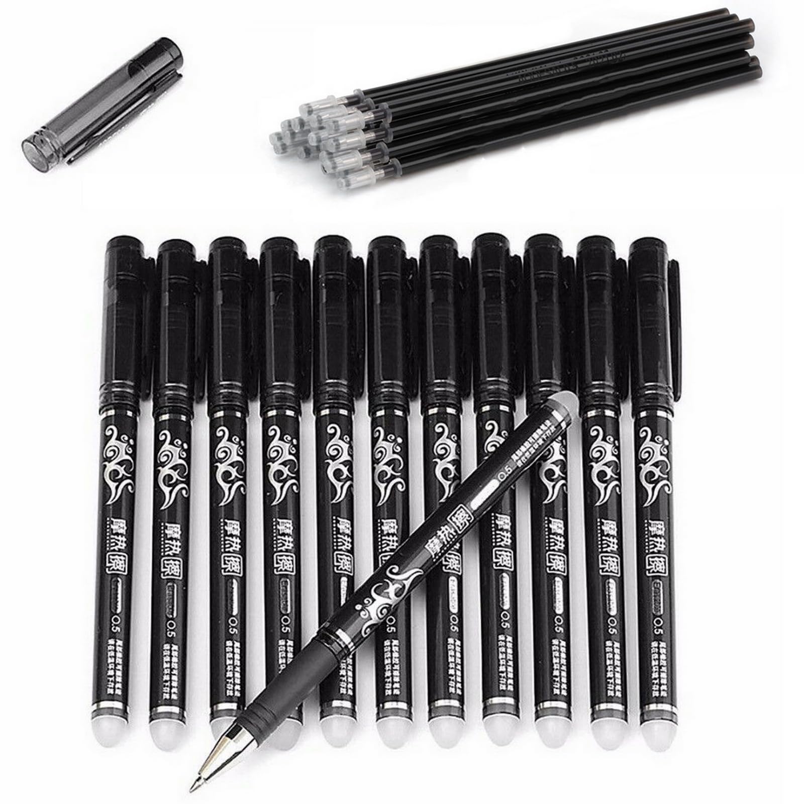 VANANA 12PCS 0.5mm Erasable Pen With 20 Erasable Pen Refills Black Gel Ink Roller Ball Pens Set Office Home Stationery Party Gift (Black)