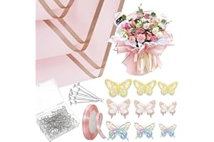 YOULDIANZI Bouquet Wrapping Paper Kits, 20 Sheets Waterproof Flower Wrapping Paper, Floral Wrapping Paper Bouquet in Black Pink Beige With Ribbons, Flower Pins, 3D Butterflies for Florist Wrap (Pale pink gold trim)
