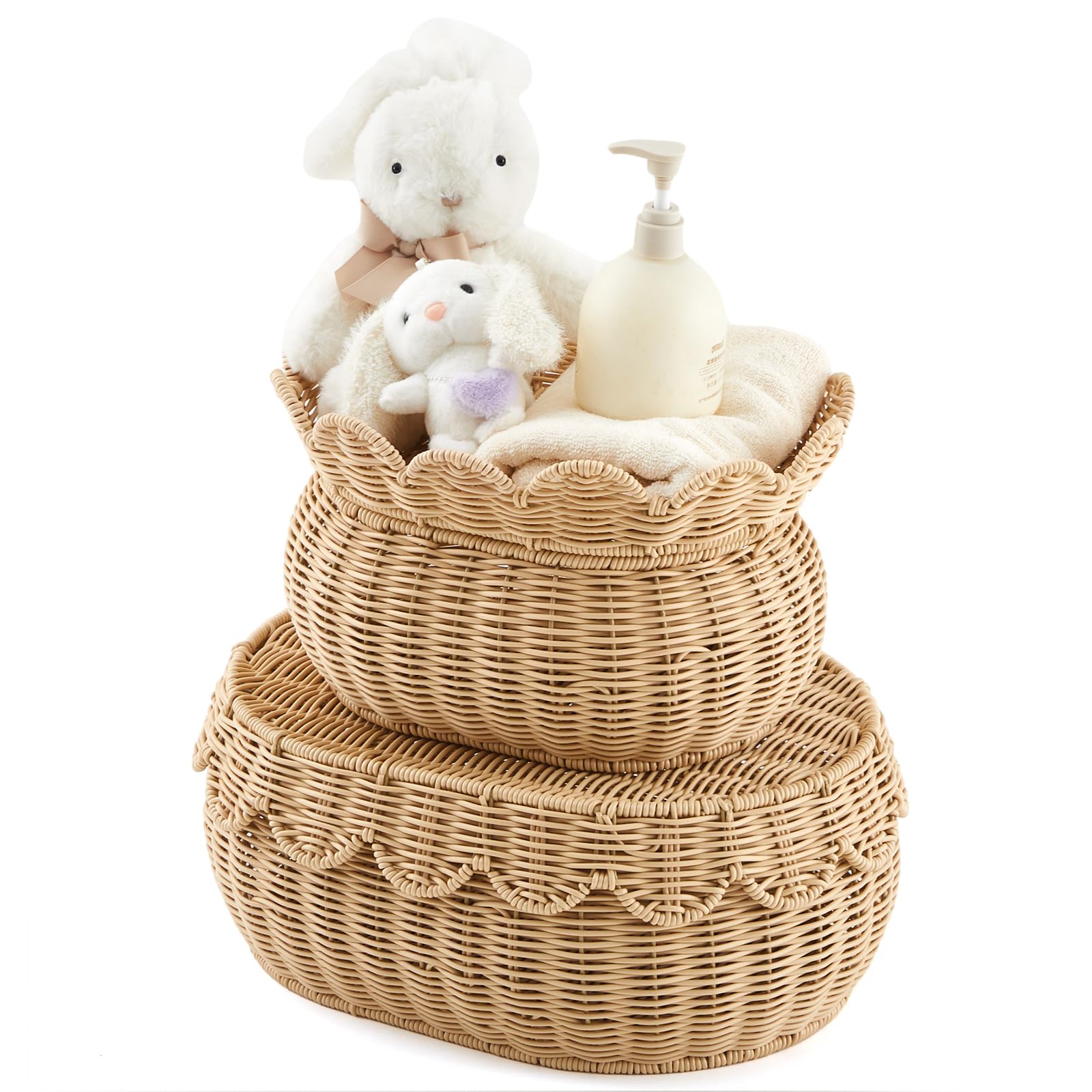 Photo 1 of Juexica 2 Pcs Scalloped Rattan Baskets, Woven Rattan Wicker Storage Baskets with Lid for Nursery Storage diaper organizer Bathroom Decor(Natural)