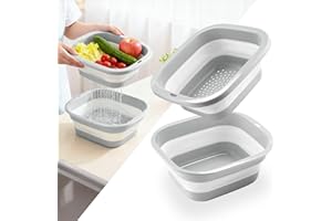 SINGARO 2.8 Gal (10.5L) Collapsible Dish Basin with Drain Basket Colanders, Multiuse Double-Layer Foldable Strainers Sink Tub, Collapsible Wash Basin Pan, Plastic Tubs, Dishpan, Kitchen Sink, Grey