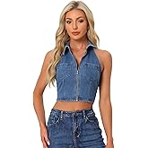 Allegra K Denim Halter Top for Women's Zipper Up Collared Sleeveless Jean Corset Crop Tank Tops