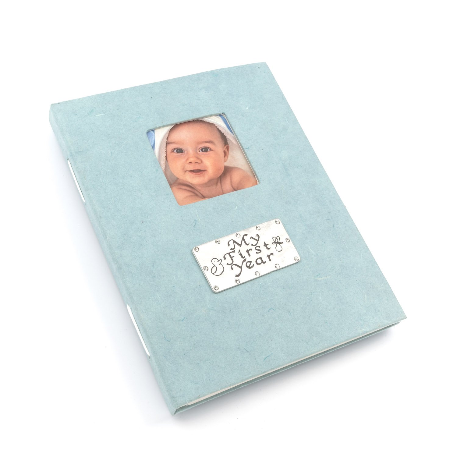 My First Year baby blue photo album (window for your own photo) with a pewter design. Holds 80 6x4 inch photos in clear sleeves.