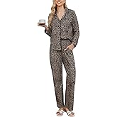 Leopard Print 100 Cotton Pajama Sets for Women 2 Piece Long Sleeve Button Up Shirt and Long Pants Soft Sleepwear Pajamas Lounge Wear Sets 12273 XL